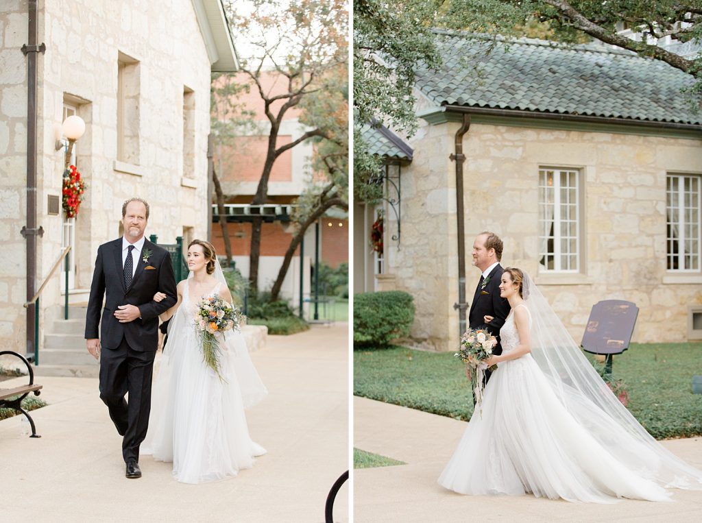 bride walking down the aisle for a gorgeous outdoor garden wedding at The Guenther House in San Antonio, TX | Monica Roberts Photography | www.monicaroberts.com