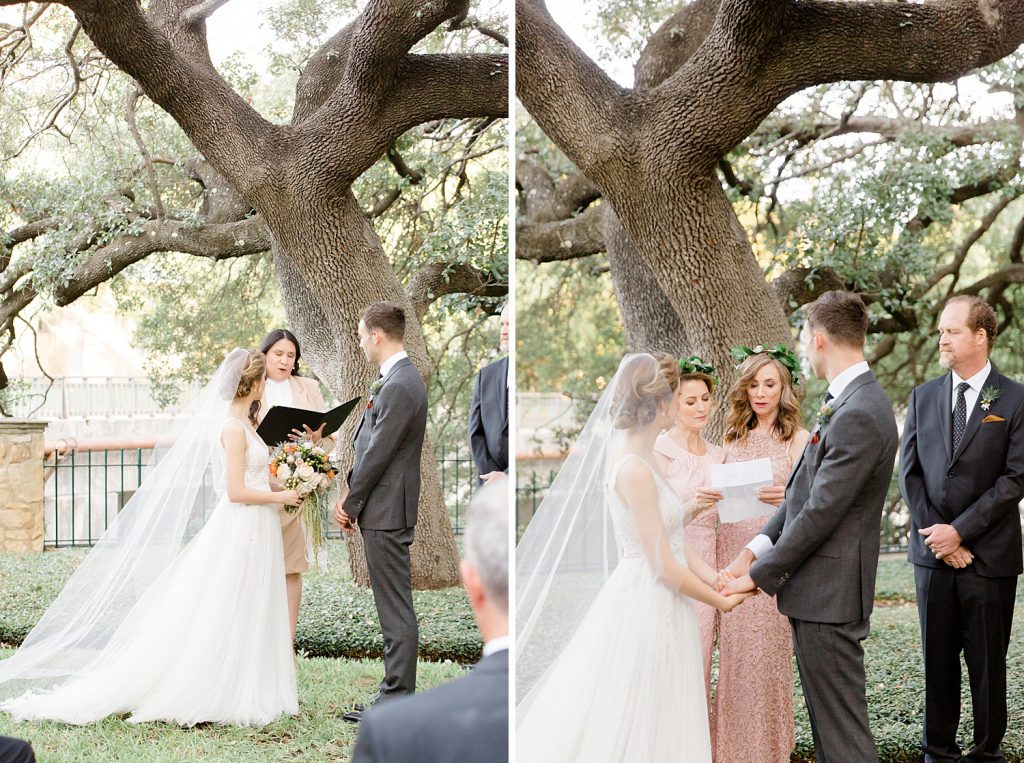 couple hold hands for ceremony for a gorgeous outdoor garden wedding at The Guenther House in San Antonio, TX | Monica Roberts Photography | www.monicaroberts.com