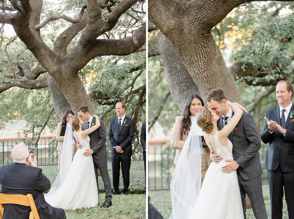 couples shares first kiss for a gorgeous outdoor garden wedding at The Guenther House in San Antonio, TX | Monica Roberts Photography | www.monicaroberts.com