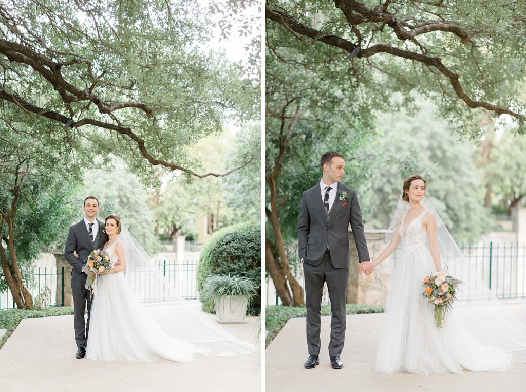 romantic couple shares a photo under a tree for a gorgeous outdoor garden wedding at The Guenther House in San Antonio, TX | Monica Roberts Photography | www.monicaroberts.com