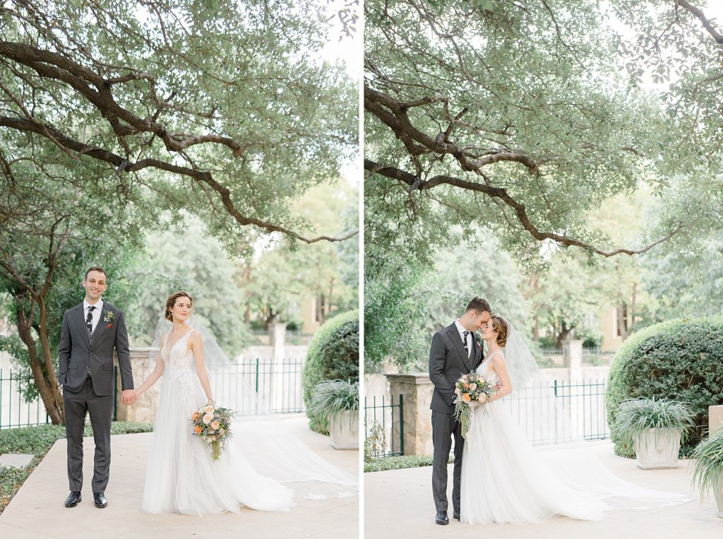 couple shares a romantic photo by the riverwalk for a gorgeous outdoor garden wedding at The Guenther House in San Antonio, TX | Monica Roberts Photography | www.monicaroberts.com