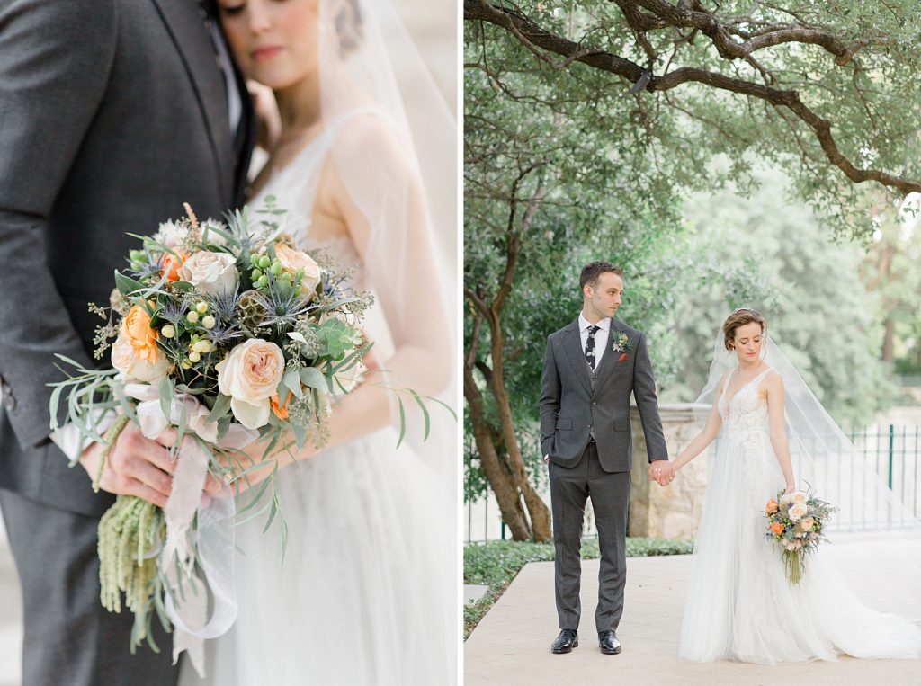 bride and groom holding bridal bouquet for a gorgeous outdoor garden wedding at The Guenther House in San Antonio, TX | Monica Roberts Photography | www.monicaroberts.com