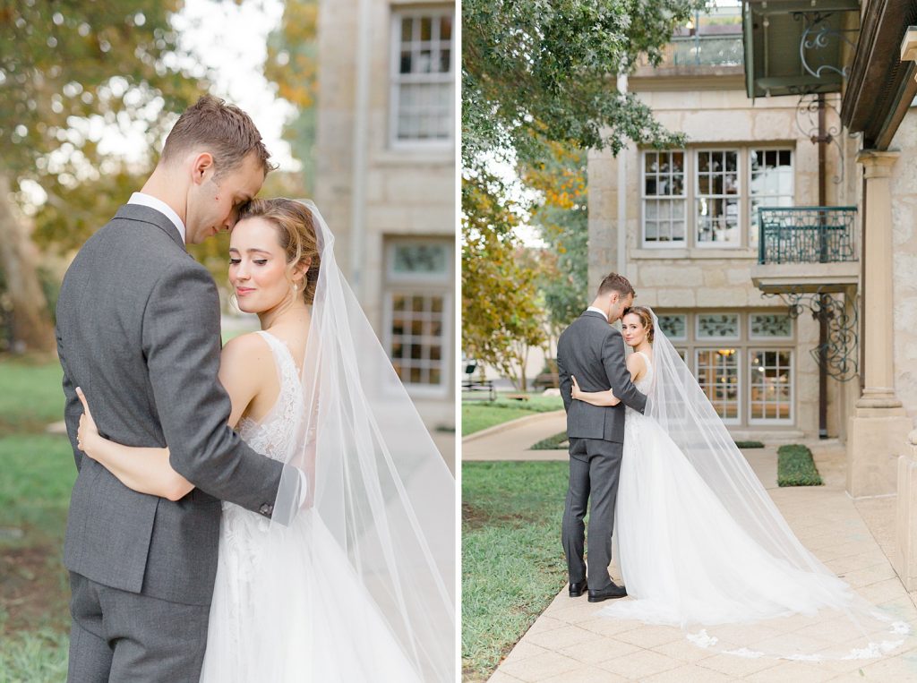 groom snuggles with bride for a gorgeous outdoor garden wedding at The Guenther House in San Antonio, TX | Monica Roberts Photography | www.monicaroberts.com