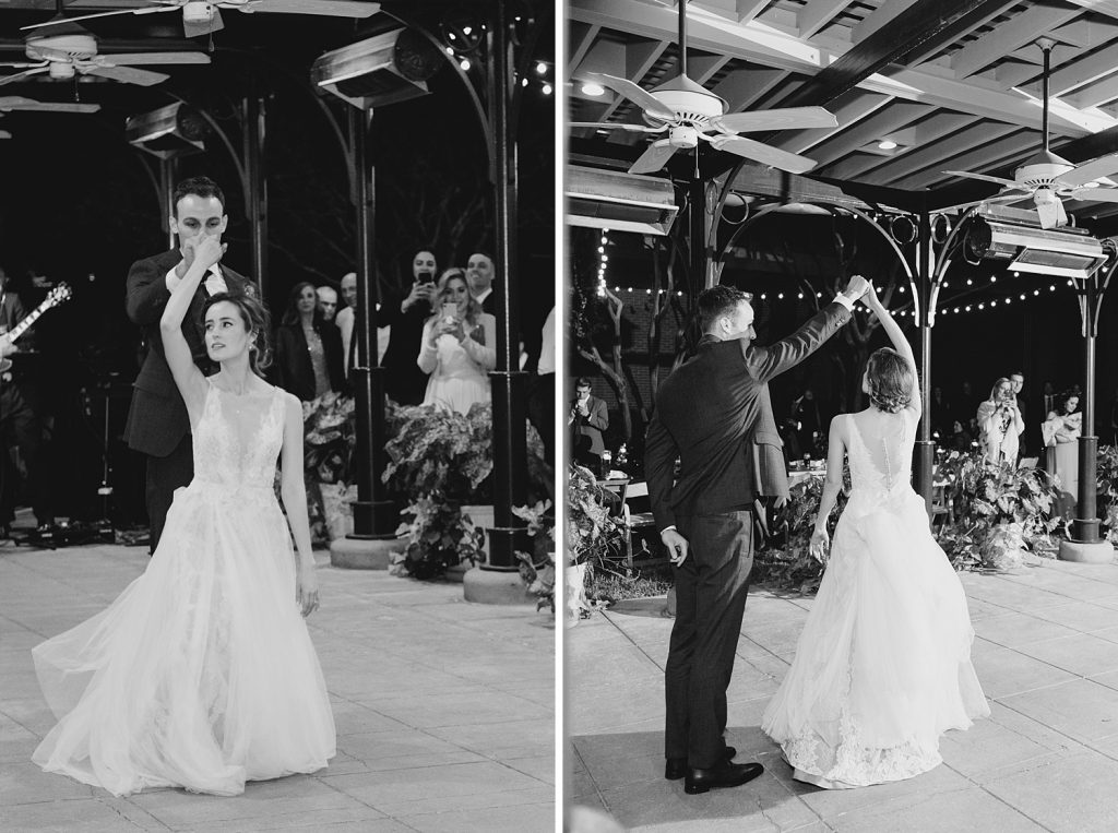 black and white photo of bride and groom dancing for a gorgeous outdoor garden wedding at The Guenther House in San Antonio, TX | Monica Roberts Photography | www.monicaroberts.com