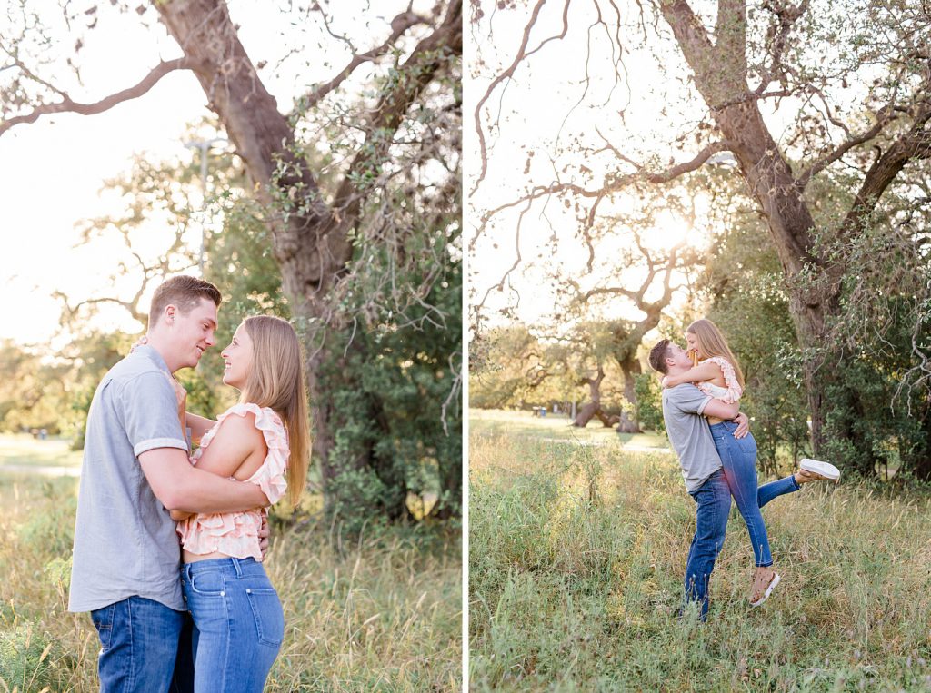 guy picks up his fiancé in a field in Downtown San Antonio for their engagement session with Monica Roberts Photography https://monicaroberts.com