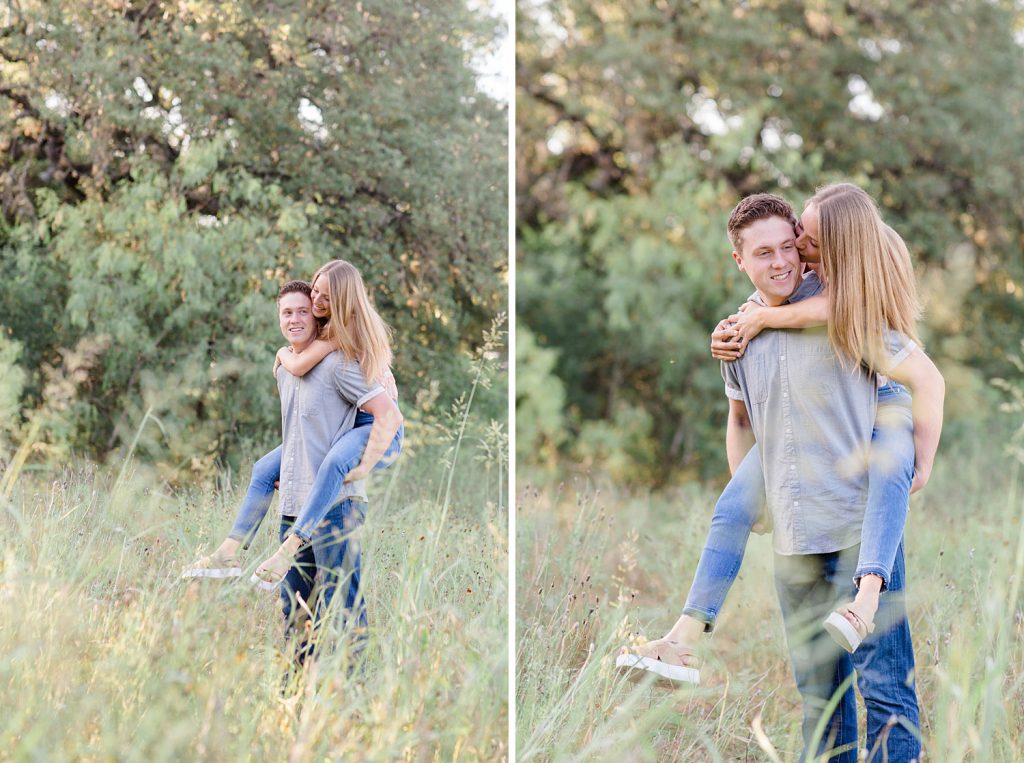girl jumps on her boyfriends back and snuggles in Downtown San Antonio for their engagement session with Monica Roberts Photography https://monicaroberts.com