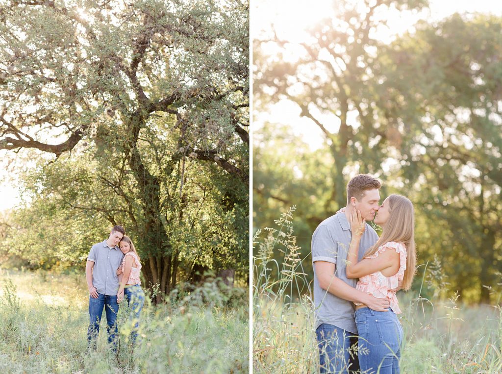 girl softly touches her boyfriends face while in a field at sunrise in Downtown San Antonio for their engagement session with Monica Roberts Photography https://monicaroberts.com