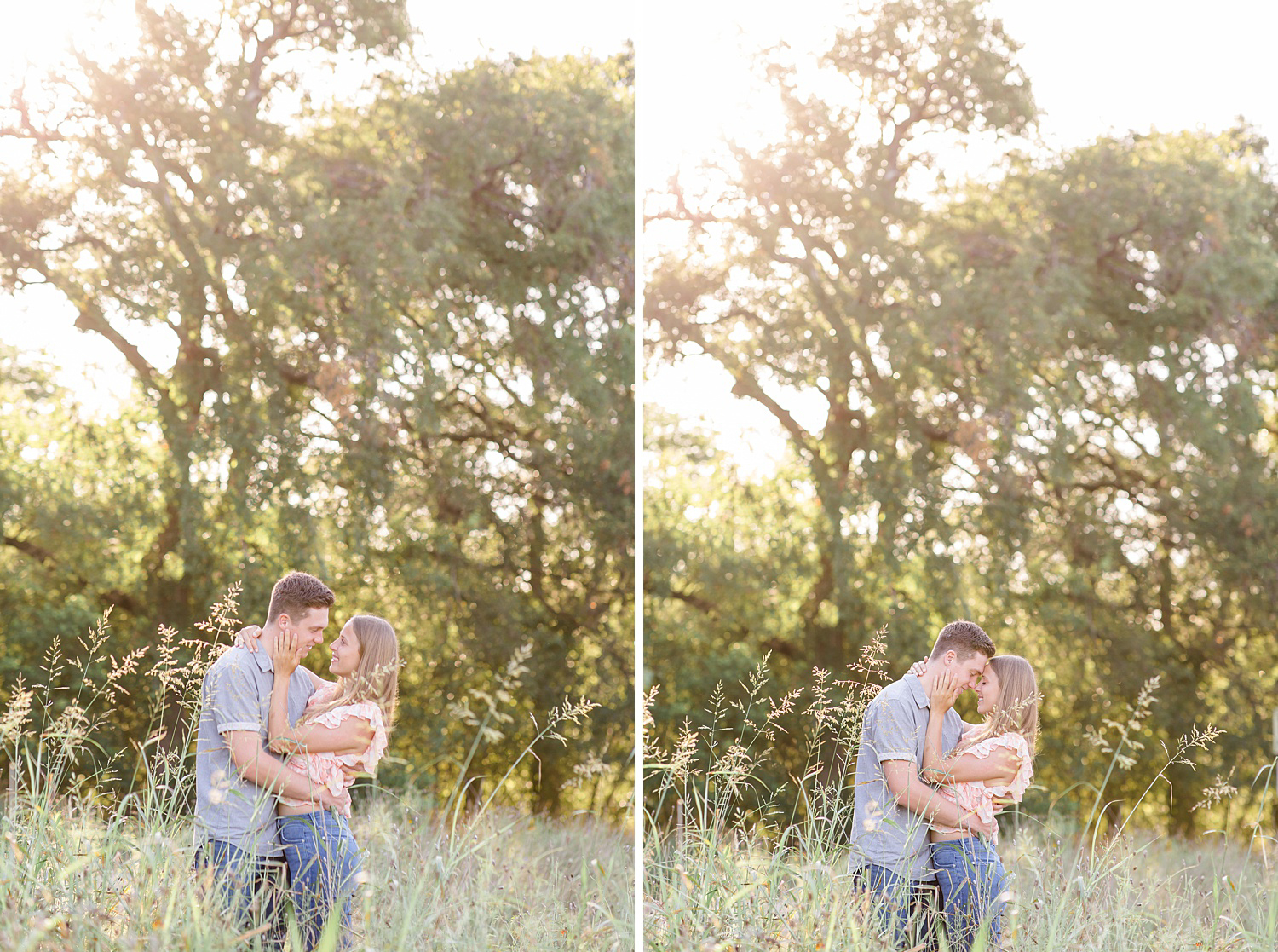 couple holds onto each other in a field in Downtown San Antonio for their engagement session with Monica Roberts Photography https://monicaroberts.com