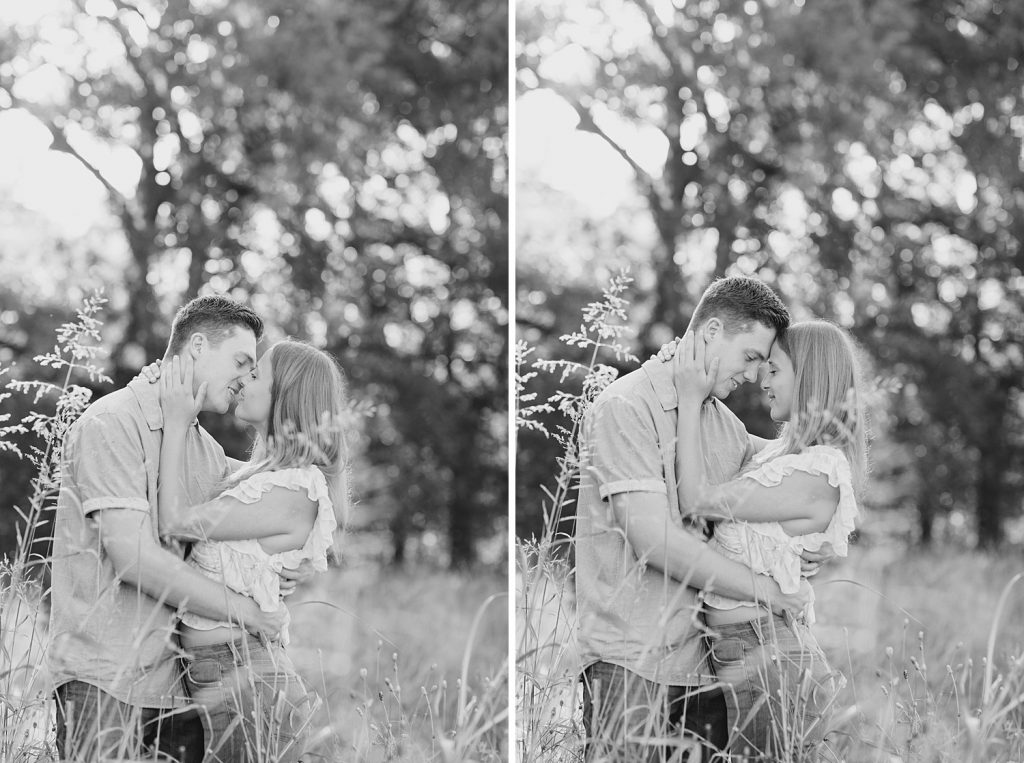 black and white photo of a couple in a field in Downtown San Antonio for their engagement session with Monica Roberts Photography https://monicaroberts.com