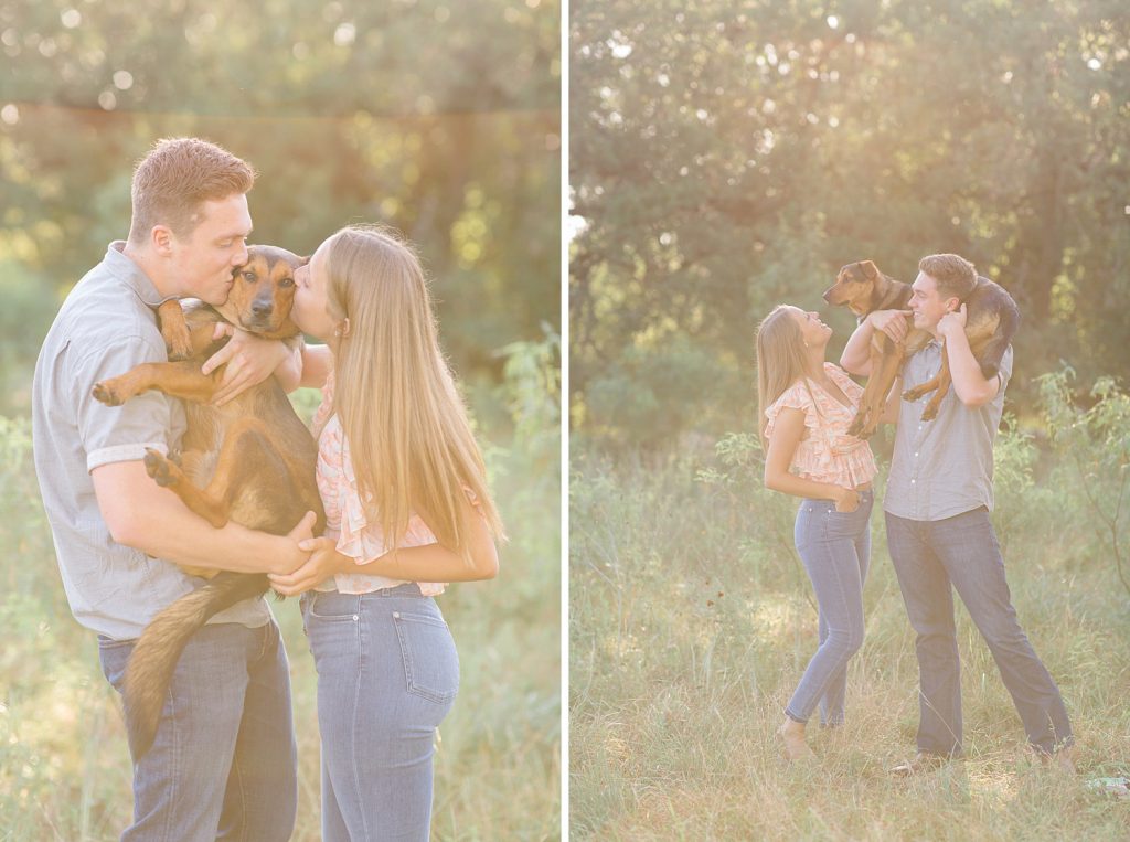 couple snuggles with their dog in Downtown San Antonio for their engagement session with Monica Roberts Photography https://monicaroberts.com