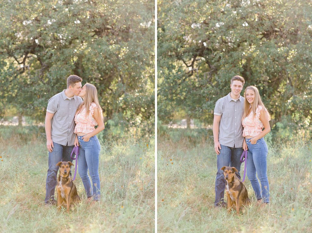 family portrait of a couple and their dog in Downtown San Antonio for their engagement session with Monica Roberts Photography https://monicaroberts.com