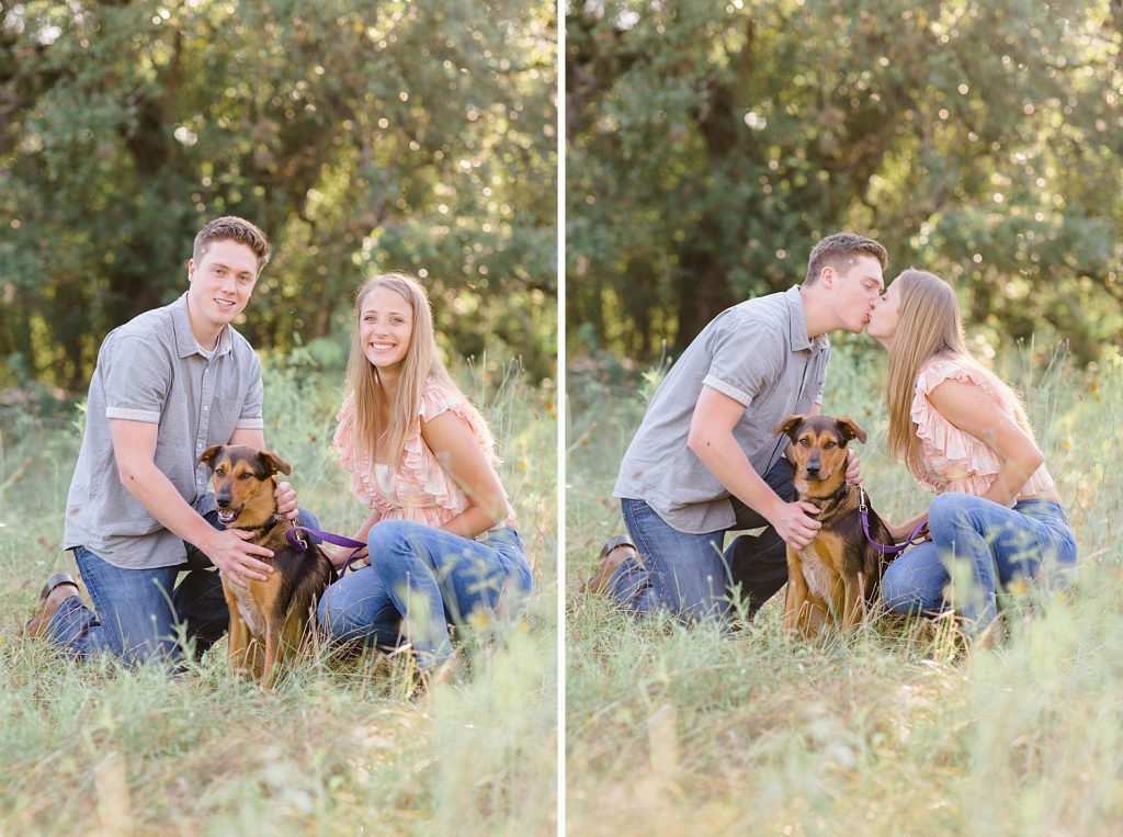 couple kisses while their puppy looks at them in Downtown San Antonio for their engagement session with Monica Roberts Photography https://monicaroberts.com