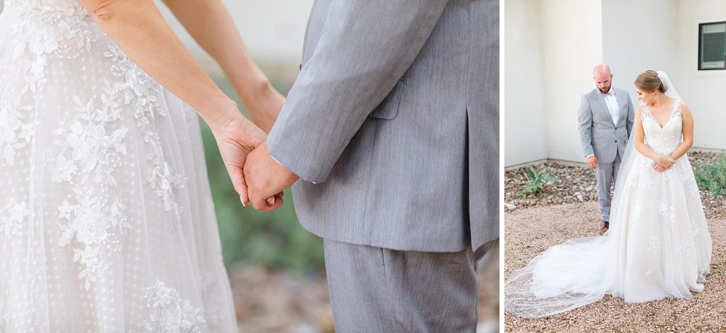 couple holds hands for a Romantic dusty rose wedding at Hayes Hollow with Monica Roberts Photography https://monicaroberts.com/