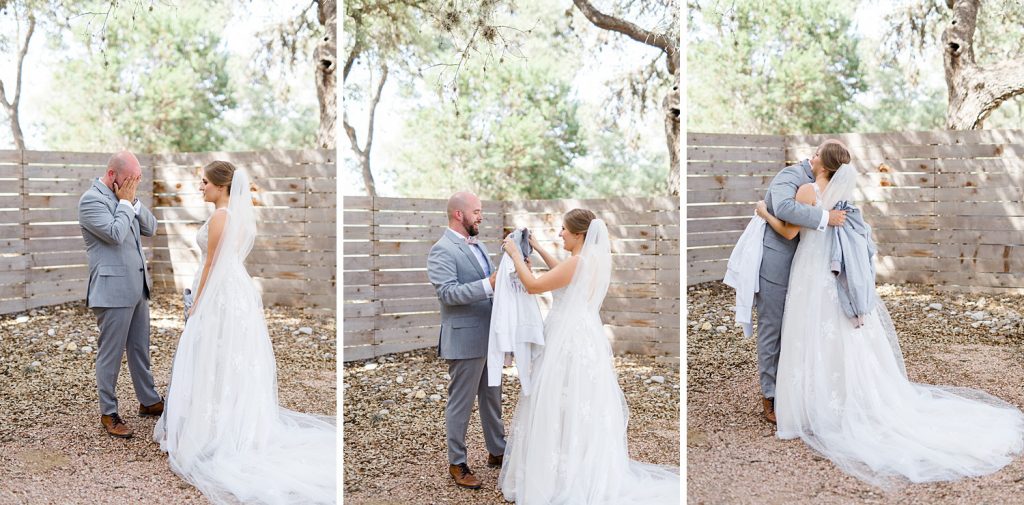 couples intimate first look for a Romantic dusty rose wedding at Hayes Hollow with Monica Roberts Photography https://monicaroberts.com/