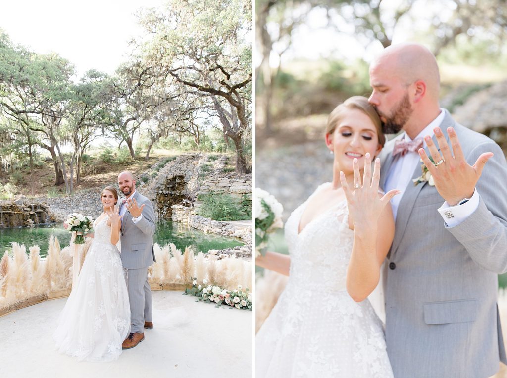 couple shows off rings for a Romantic dusty rose wedding at Hayes Hollow with Monica Roberts Photography https://monicaroberts.com/
