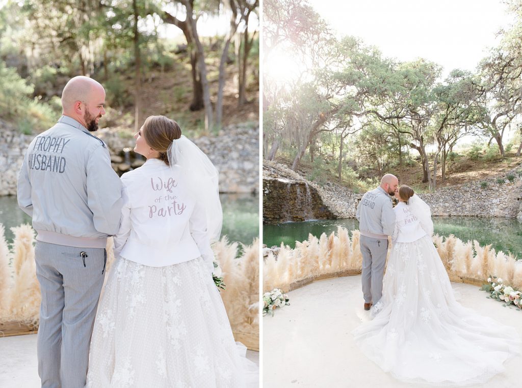 bride and groom show off their custom made marries jackets for a Romantic dusty rose wedding at Hayes Hollow with Monica Roberts Photography https://monicaroberts.com/