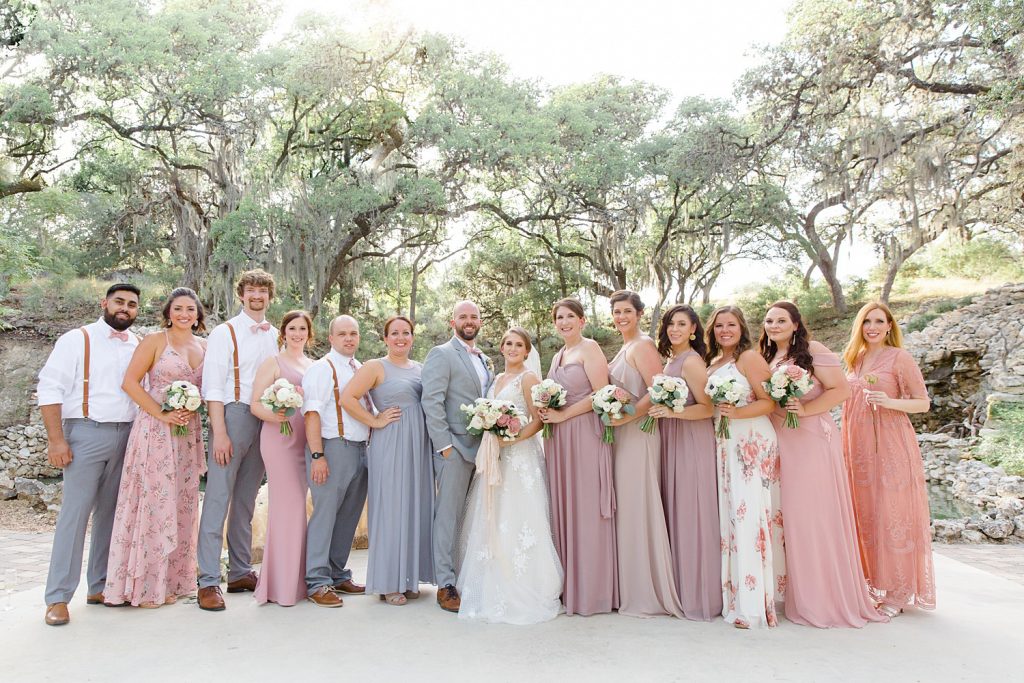 full bridal party picture for a Romantic dusty rose wedding at Hayes Hollow with Monica Roberts Photography https://monicaroberts.com/