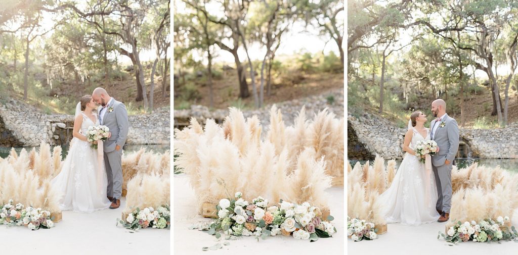 Bride and groom nuzzle for a Romantic dusty rose wedding at Hayes Hollow with Monica Roberts Photography https://monicaroberts.com/