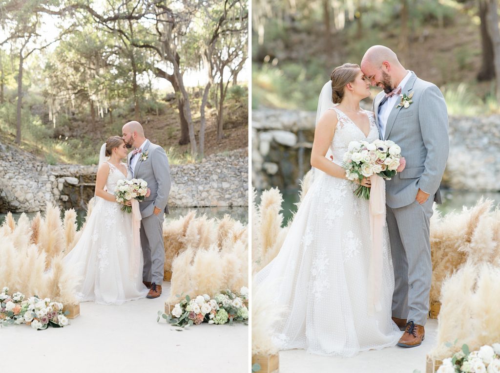 couple facing each other foreheads together surrounded by compass grass for a Romantic dusty rose wedding at Hayes Hollow with Monica Roberts Photography https://monicaroberts.com/