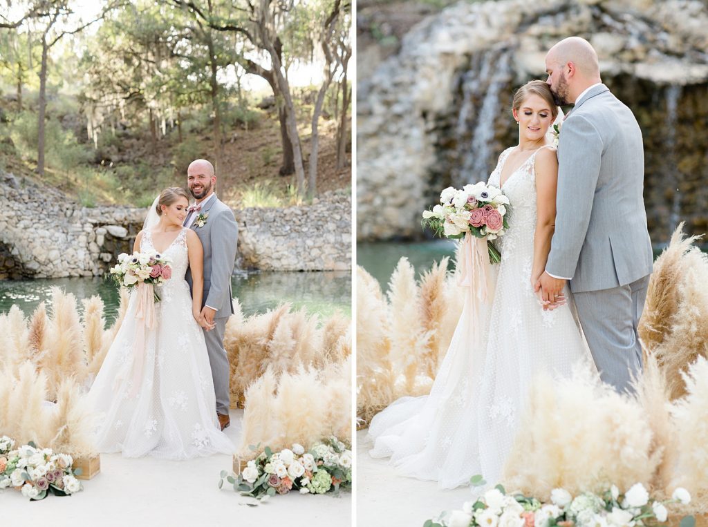 couple snuggles for a Romantic dusty rose wedding at Hayes Hollow with Monica Roberts Photography https://monicaroberts.com/