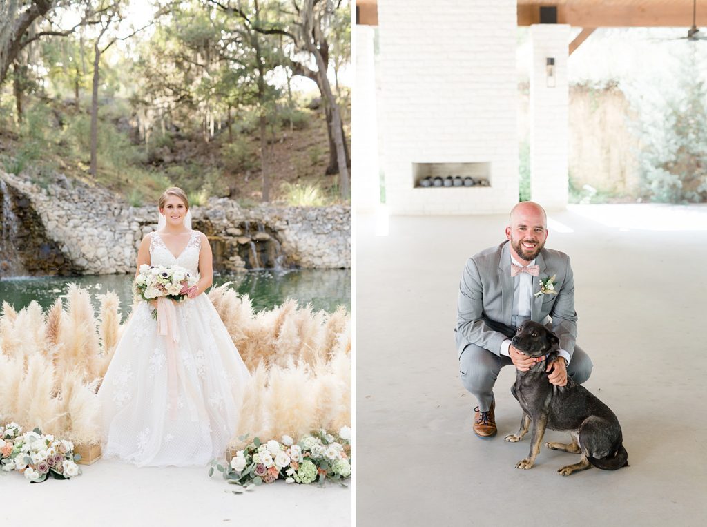 groom posing with his puppy for a Romantic dusty rose wedding at Hayes Hollow with Monica Roberts Photography https://monicaroberts.com/