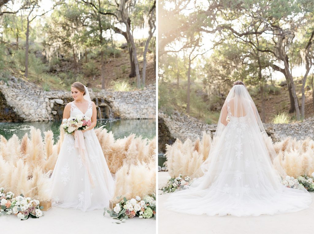 bride wearing a gorgeous wedding dress for a Romantic dusty rose wedding at Hayes Hollow with Monica Roberts Photography https://monicaroberts.com/