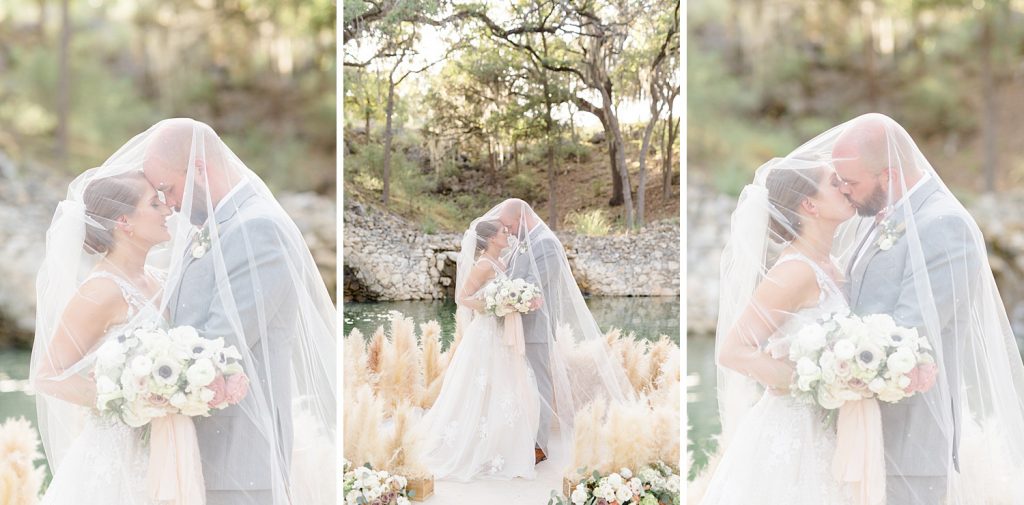 couple portraits with veil over their heads for a Romantic dusty rose wedding at Hayes Hollow with Monica Roberts Photography https://monicaroberts.com/
