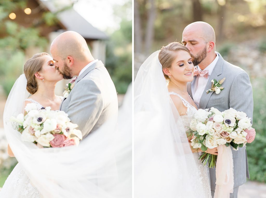 groom kisses his bride for a Romantic dusty rose wedding at Hayes Hollow with Monica Roberts Photography https://monicaroberts.com/