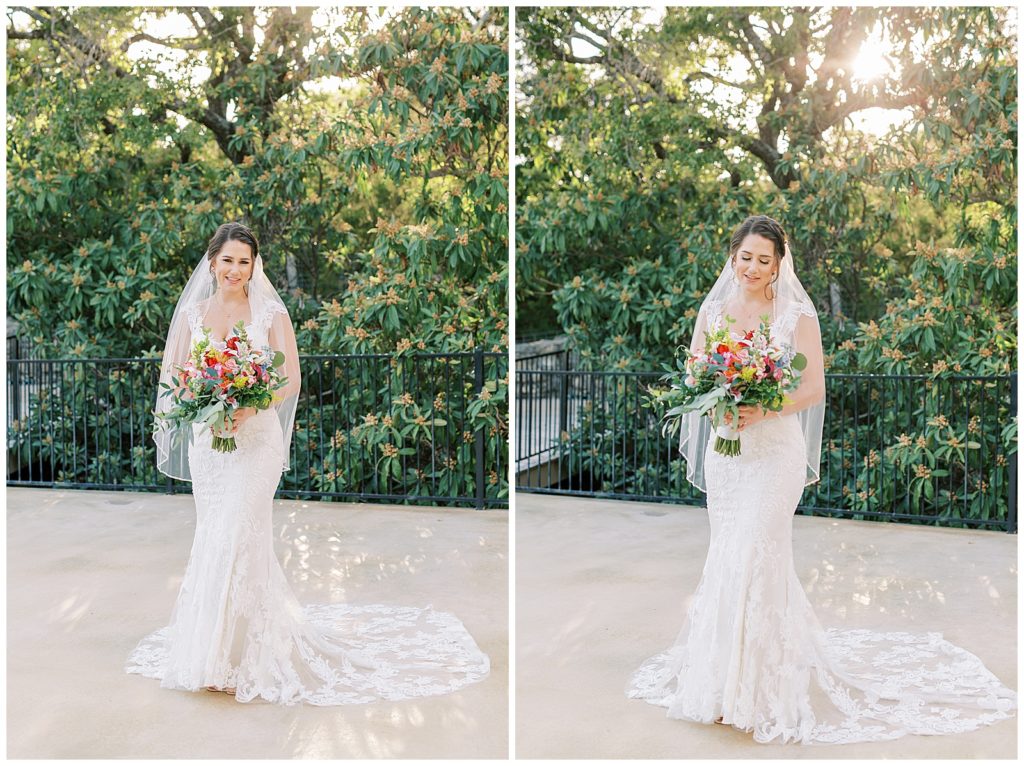 Beautiful golden light with bride standing with flowers for her Bridals at Villa Antonia, Austin TX for Monica Roberts Photography Wedding Photographer in Austin, TX