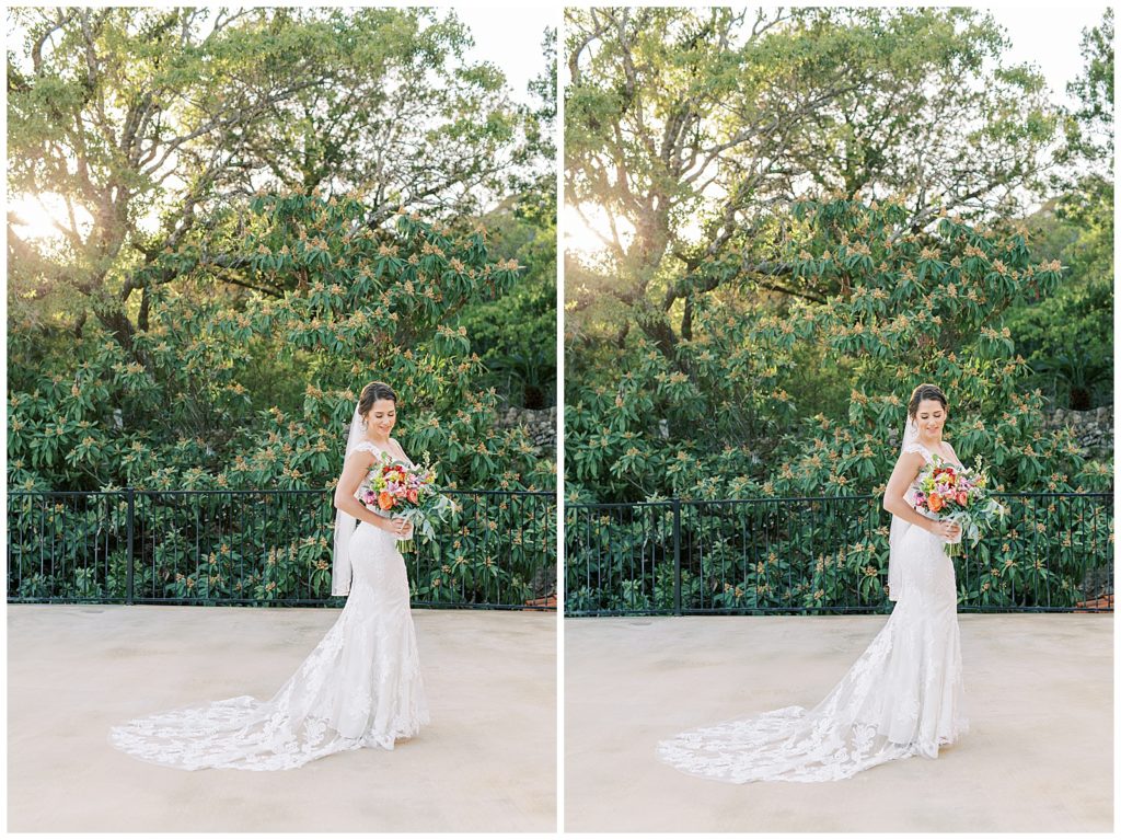 Bride walking by the tress with beautiful golden light peeking through for her Bridals at Villa Antonio, Austin TX for Monica Roberts Photography Wedding Photographer in Austin, TX