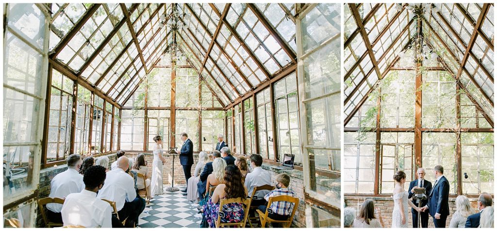 Bride and Groom exchange vows in a green house for her romantic wedding at the sekrit theatre in Austin, TX by Monica Roberts Photography Wedding Photographer in Washington D.C.