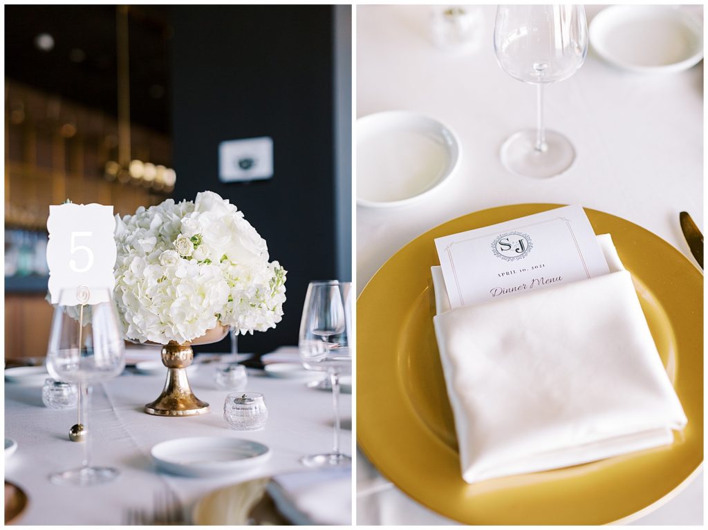 gold plates and white florals for a wedding reception for a romantic wedding at the Thompson Hotel in Richmond Virginia with Monica Roberts Photography monicaroberts.com 