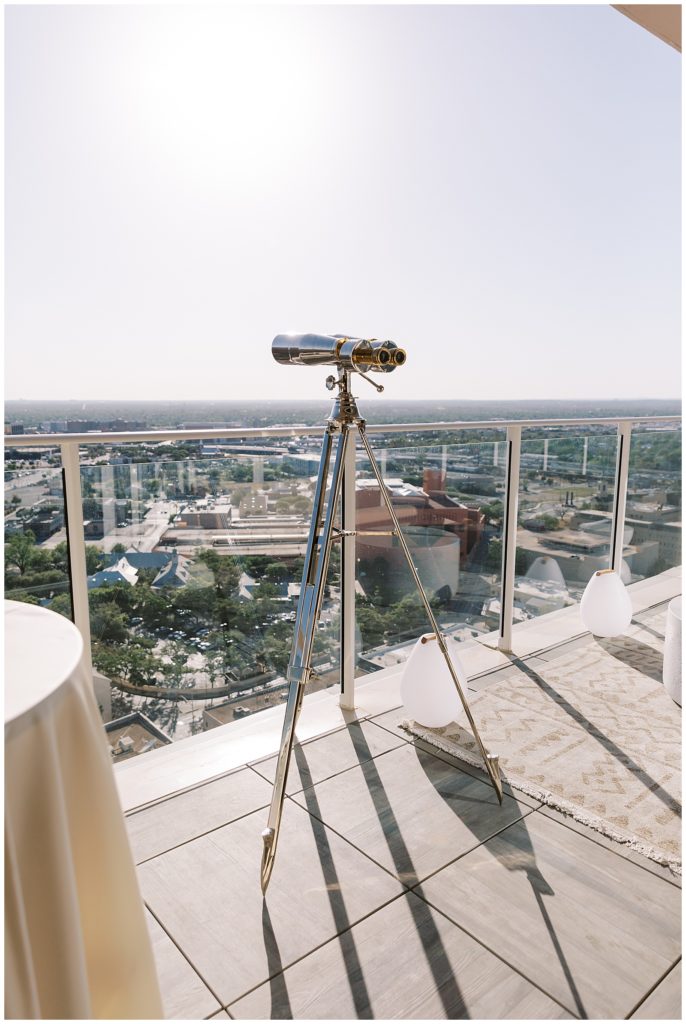 gold binoculars on a rooftop for a romantic wedding at the Thompson Hotel in Richmond Virginia with Monica Roberts Photography monicaroberts.com 