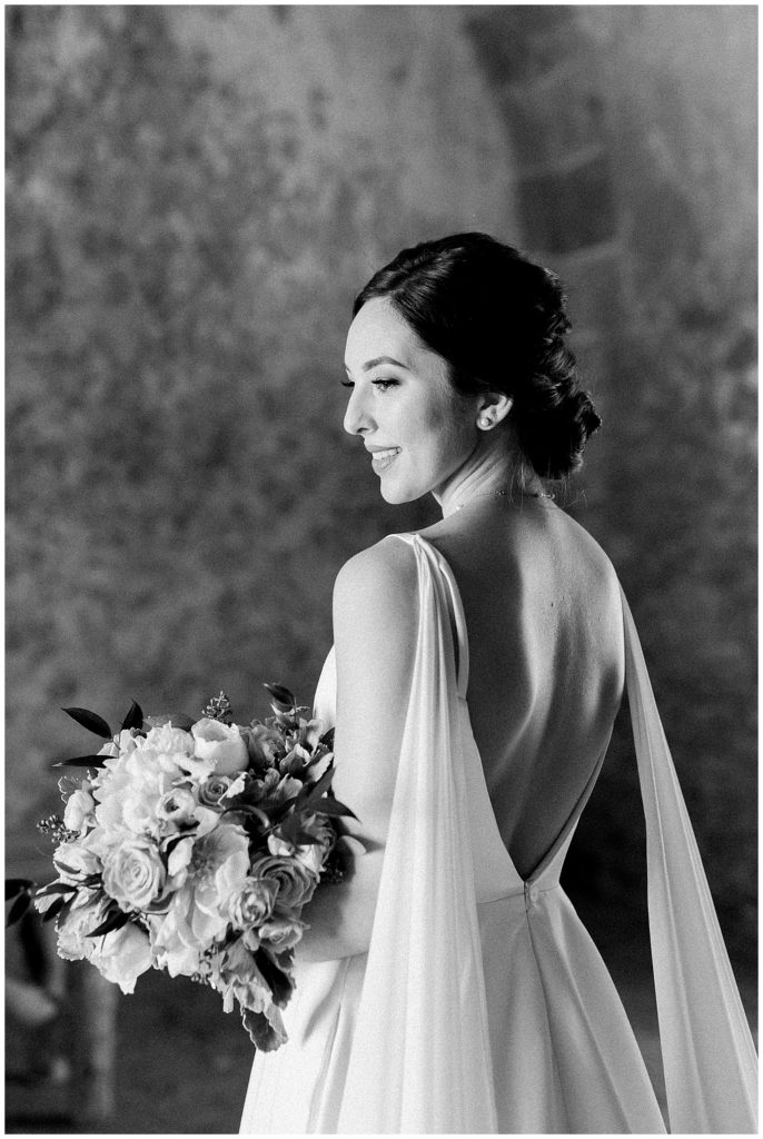 black and white image of bride looking away for her bridals in Richmond, Virginia