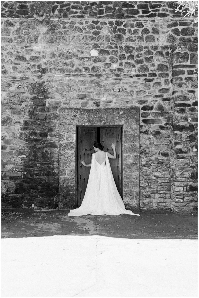 black and white image of details of brides wedding dress for her bridals in Richmond, Virginia