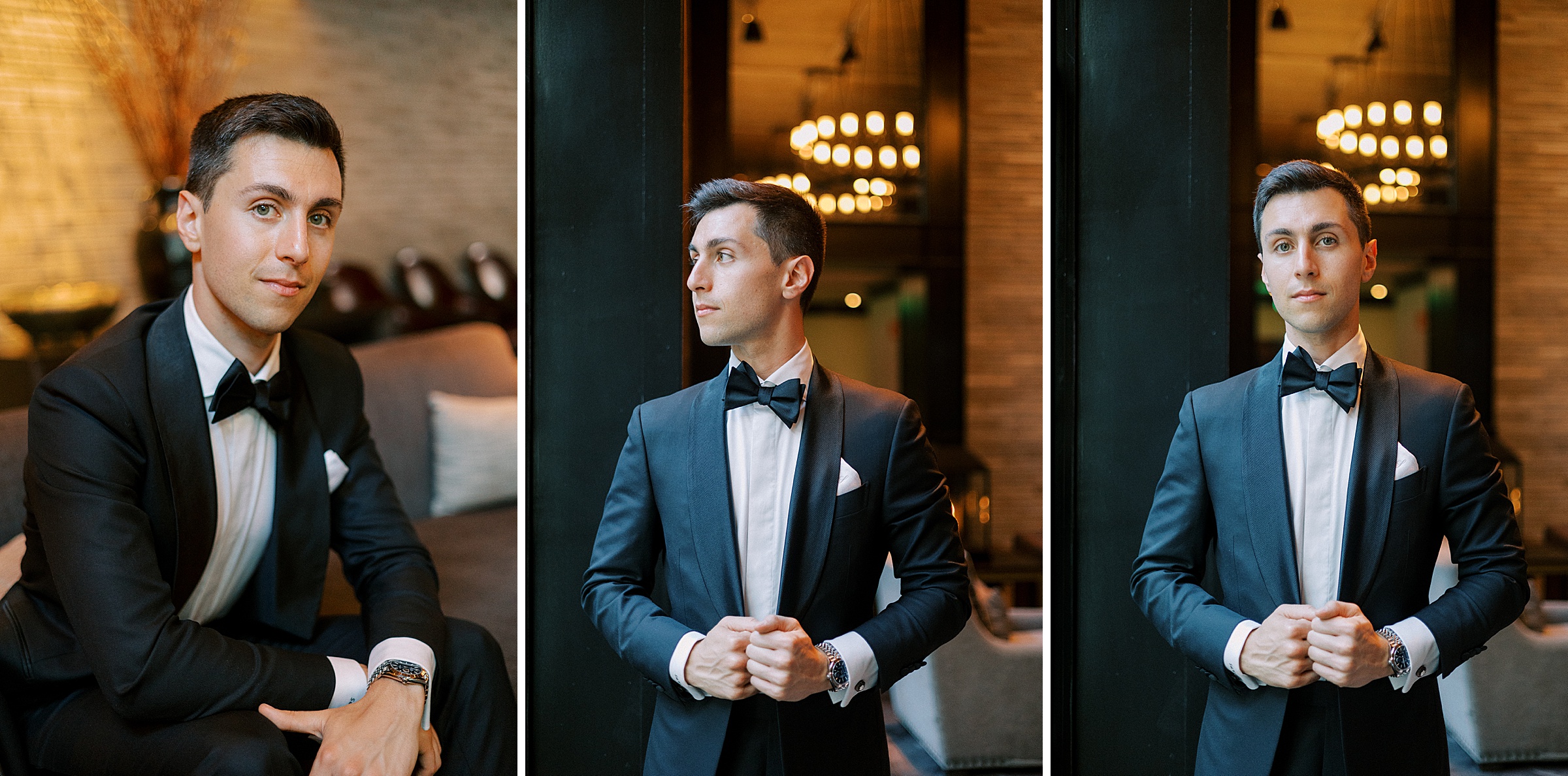 A detailed shot of the groom’s classic black tuxedo, cufflinks, and boutonniere as he prepares for the wedding