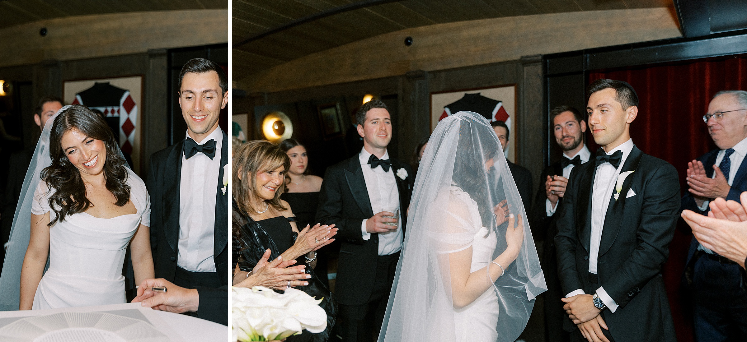 The couple, their families, and the officiant gather for the traditional Jewish ketubah signing in an intimate indoor setting at the Pendry