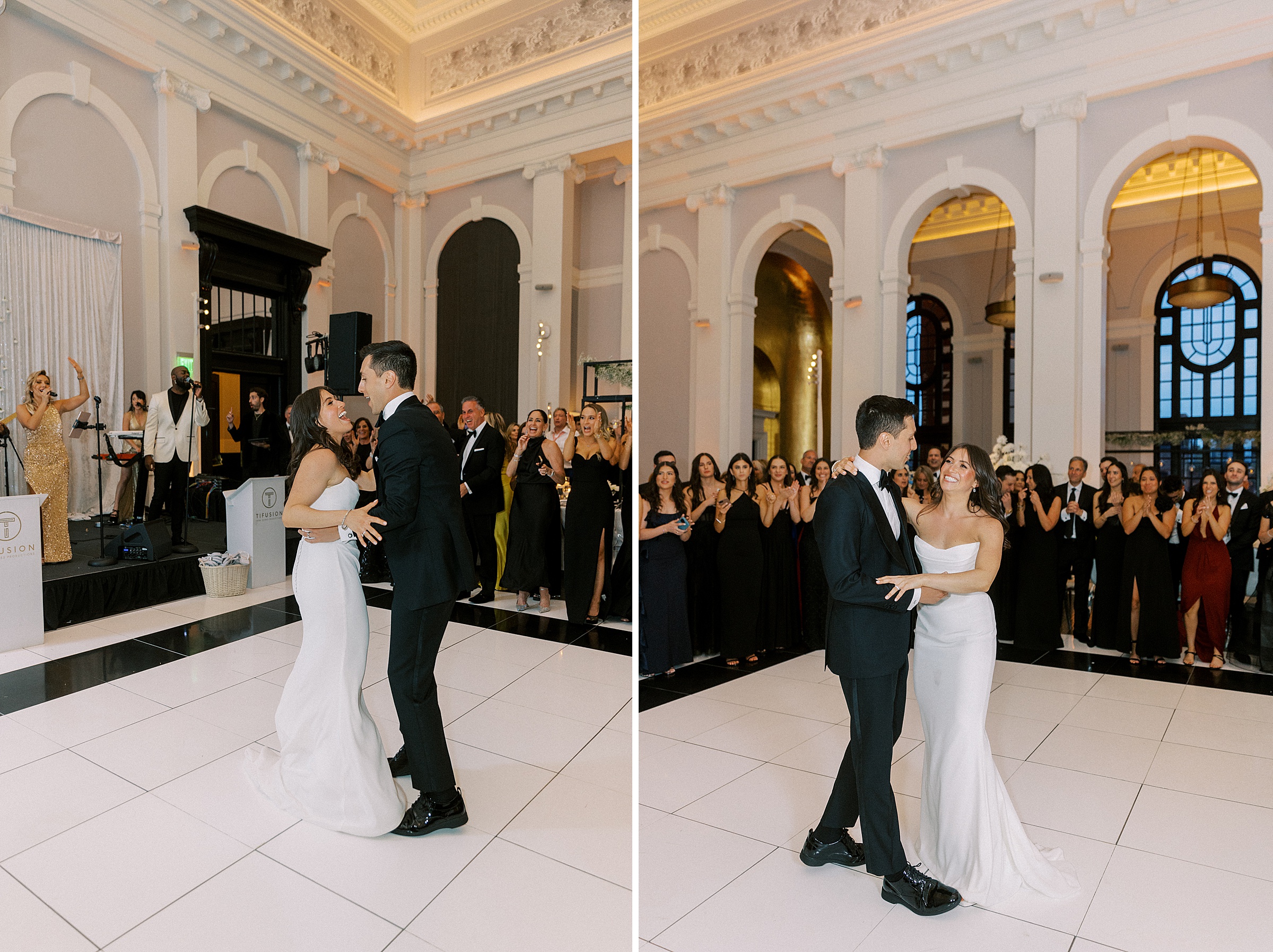 Guests raise their glasses for a toast, celebrating the newlyweds during the chic reception in the Pendry’s stylish courtyard.