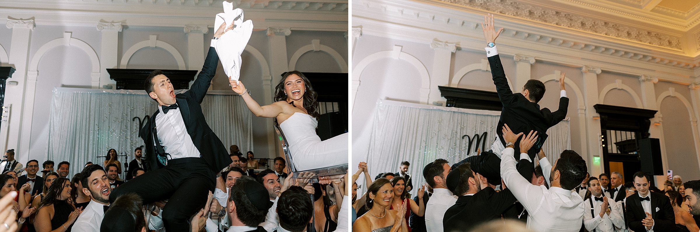 The couple is lifted on chairs in a joyous hora dance during their reception, surrounded by energetic guests at the Pendry’s live-band reception